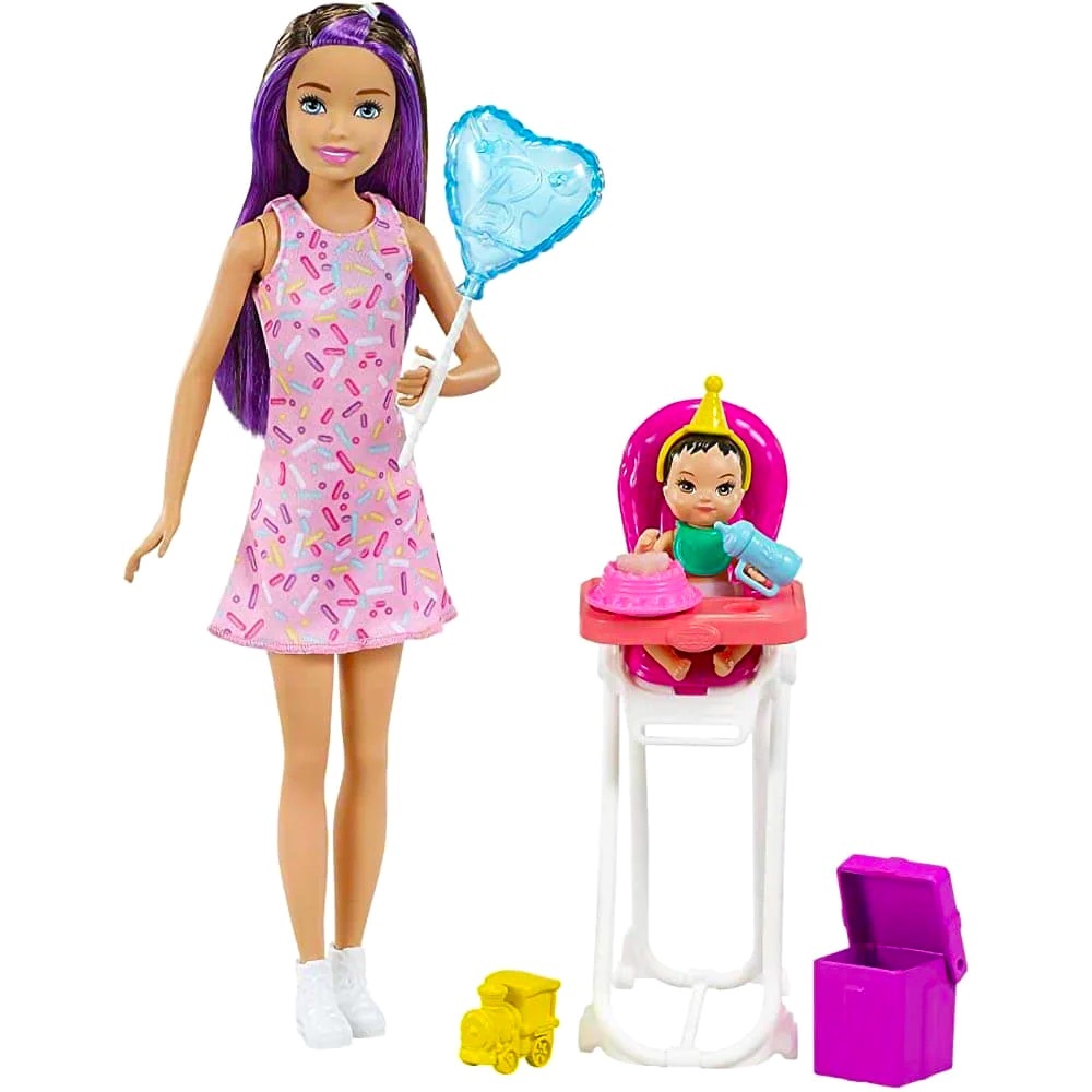 Barbie Skipper Babysitters Inc Black and Purple Hair and Baby Highchair Playset